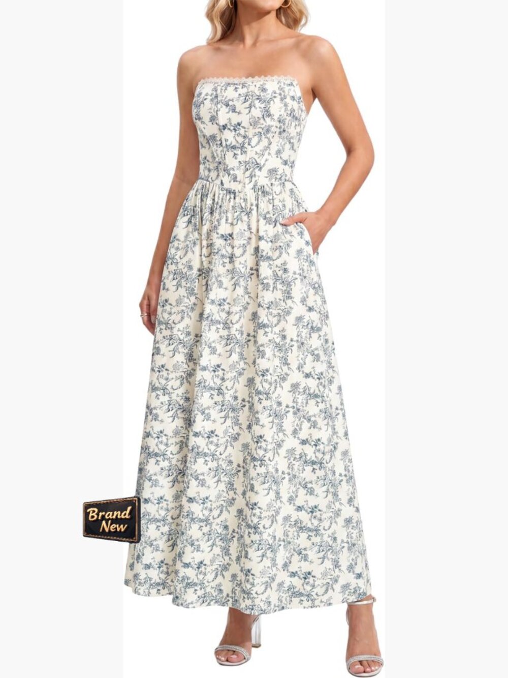 Strapless Floral Corset Maxi Dress with Boned Bodice and Pockets